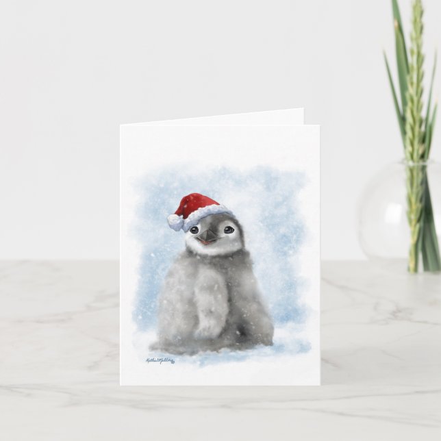 Cartoon Penguin Chick wearing Santa Hat Card (Front)