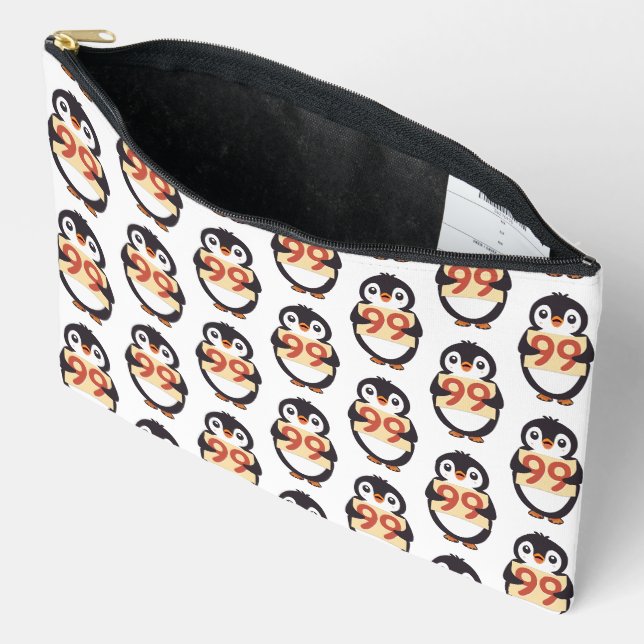 Cartoon Penguin Holding Number 99 Accessory Pouch (Open)