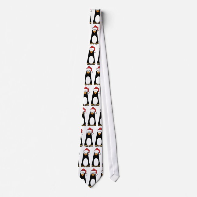 Cartoon Penguin in a Santa Hat Christmas Tie (Front)