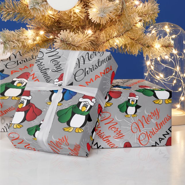 Cartoon Penguin Stack - Personalise Wrapping Paper (Holidays)