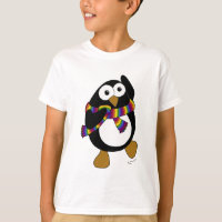 Cartoon penguin wearing a colourful rainbow scarf.