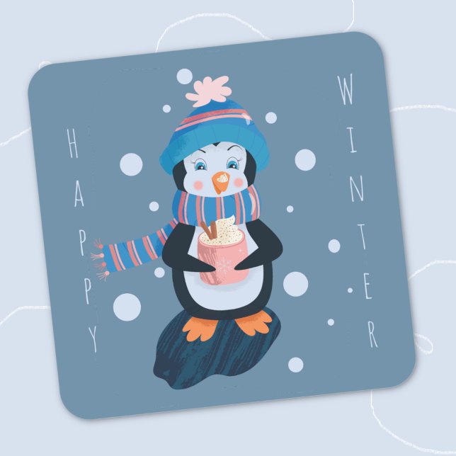 Cartoon Penguin with Hot Cocoa Blue Sticker (Cartoon penguin with hot cocoa blue square winter sticker .)
