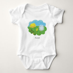 cartoon personalised dandelion in the meadow in s baby bodysuit