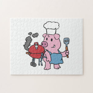 Cartoon pig making bbq   choose background colour jigsaw puzzle
