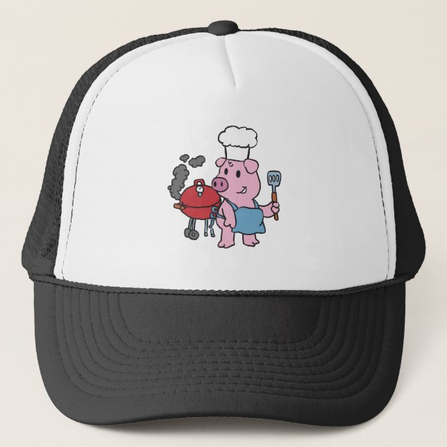 Cartoon pig making bbq | choose background colour trucker hat (Front)