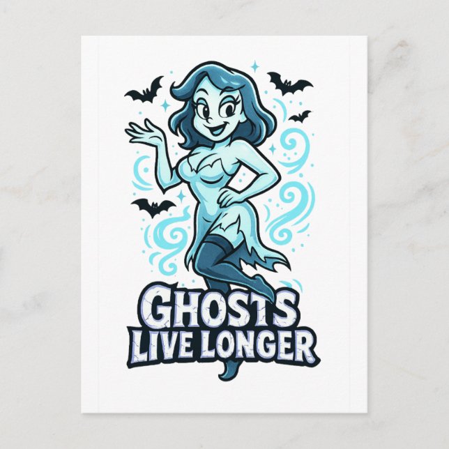 Cartoon Pin-Up Ghost – Ghosts Live Longer Postcard (Front)