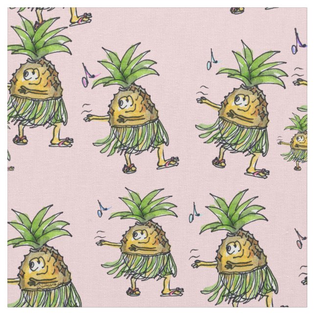 Cartoon Pineapple Dancing Hawaiian Hula Fabric (Close Up)