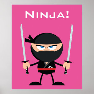Cartoon Pink Ninja Warrior With Two Katana Poster