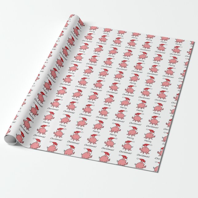 Cartoon Pink Piglet Piggy Red Santa Hat Wrapping Paper (Unrolled)