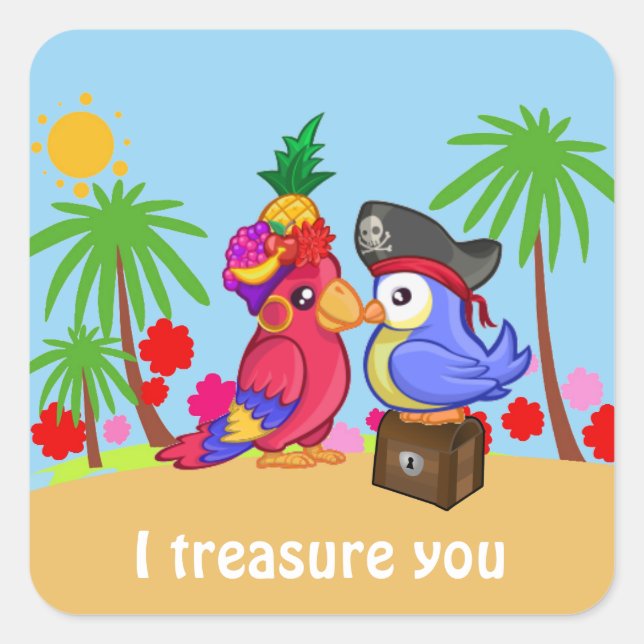 Cartoon Pirate Parrots Treasure Love Square Sticker (Front)