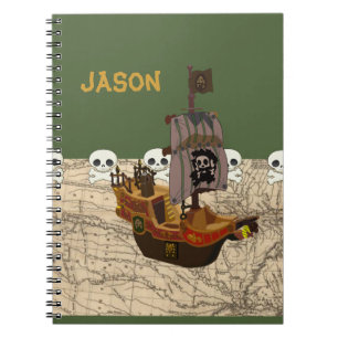 Cartoon Pirate Ship Customise Name Notebook