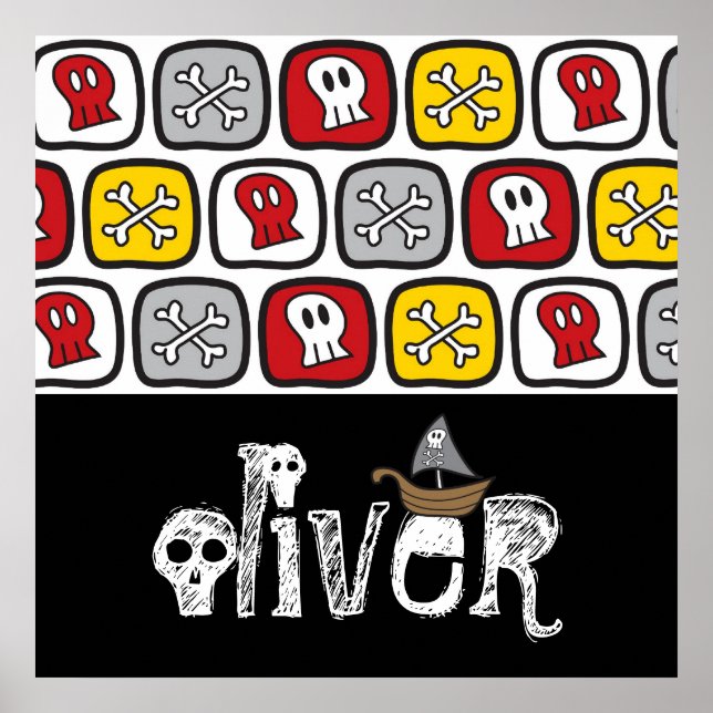 Cartoon Pirate Ship Skulls Bones Fun Colourful Boy Poster (Front)