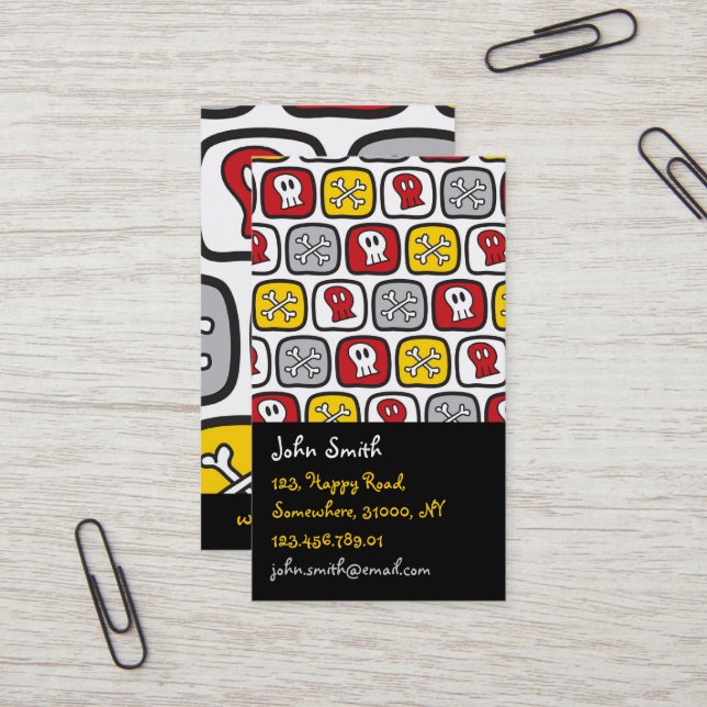 Cartoon Pirate Skeleton Skulls & Bones Squares Fun Business Card (Front/Back In Situ)