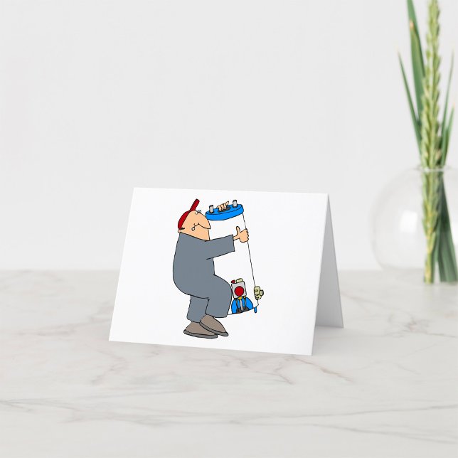 Cartoon Plumber Carrying Hot Water System Tank Thank You Card (Creator Uploaded)