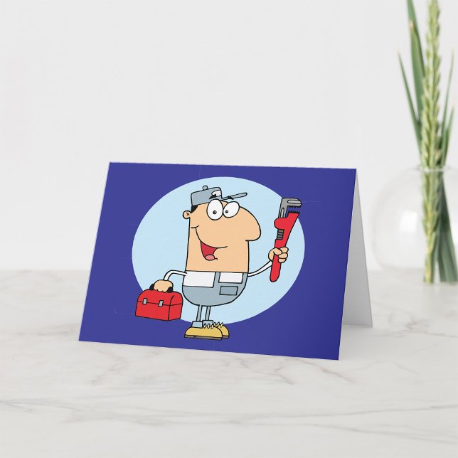 Cartoon Plumber Holding Pipe Wrench and Toolbox Card (Creator Uploaded)