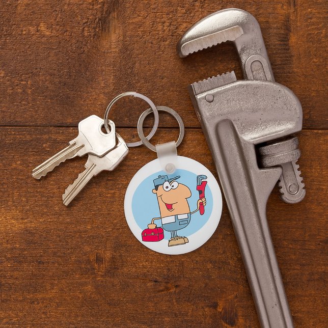 Cartoon Plumber Holding Pipe Wrench and Toolbox Key Ring (Creator Uploaded)