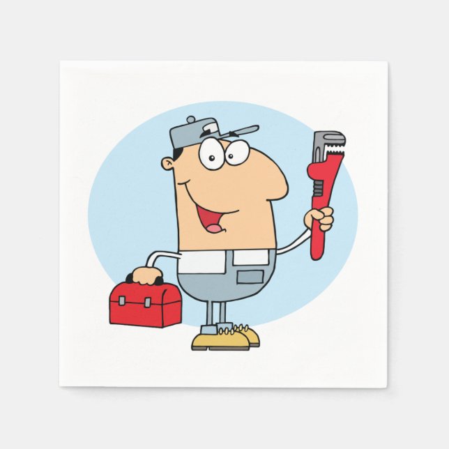 Cartoon Plumber Holding Pipe Wrench and Toolbox Napkin (Front)