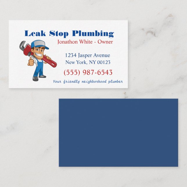 Cartoon Plumber Man Plumbing Maintenance Service  Business Card (Front/Back)