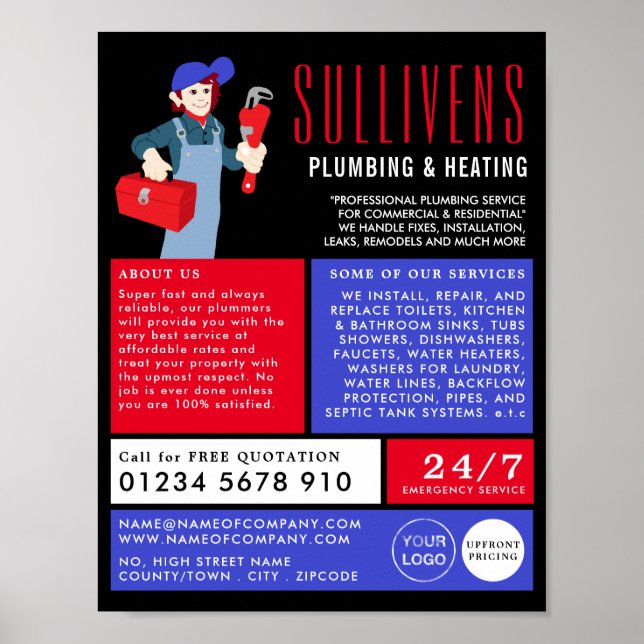 Cartoon Plumber, Plumber, Plumbing Advertising Poster (Front)