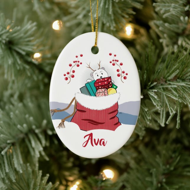 Cartoon Polar Bear Peeking in Santa's Bag Ornament (Tree)