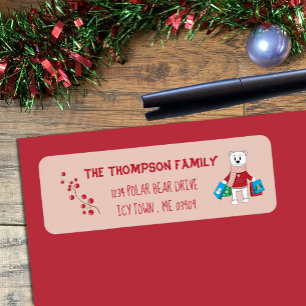 Cartoon Polar Bear Pink Holiday Return Address Label