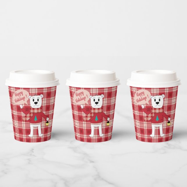 Cartoon Polar Bear with a Lantern | Red Plaid  Paper Cups (Multi)