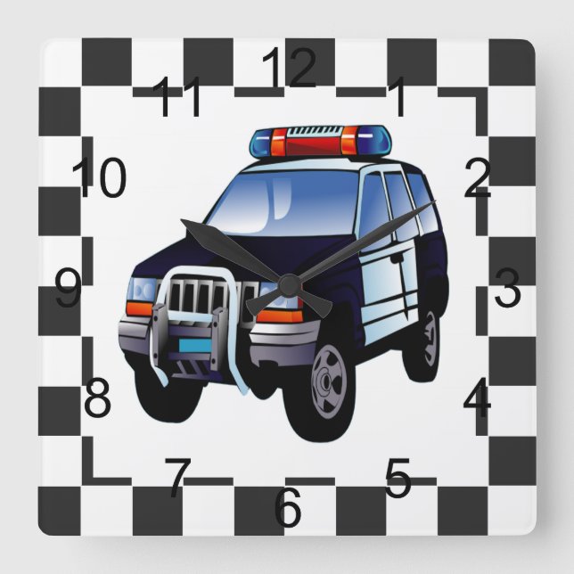 Cartoon Police Car On A Checked Background Square Wall Clock (Front)