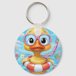 Cartoon Pool Party Duck with Snorkel and Swim Gear Key Ring