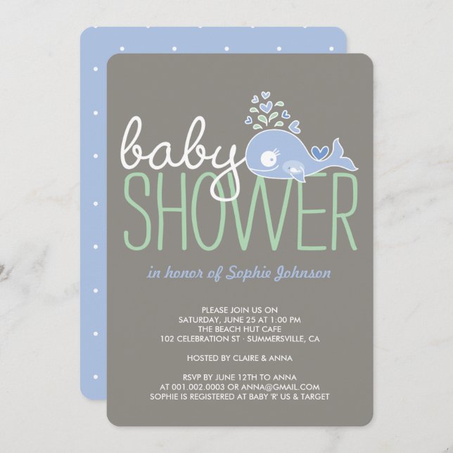 Cartoon Pregnant Blue Mummy Whale Boy Baby Shower Invitation (Front/Back)