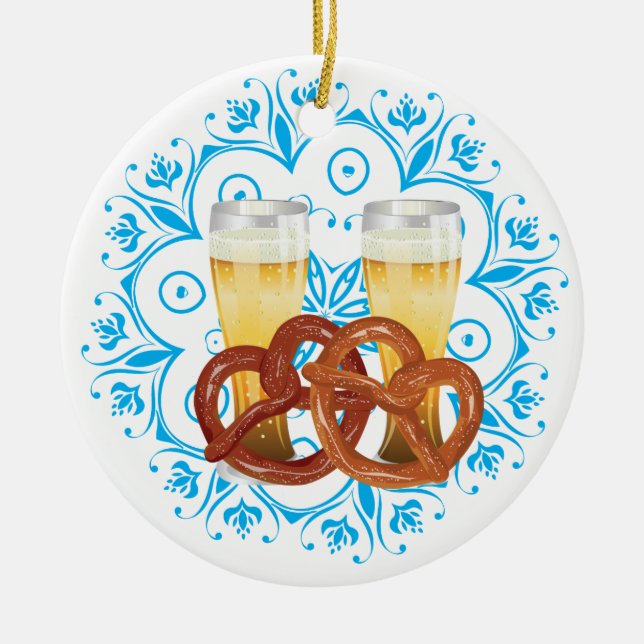 Cartoon Pretzel with Beer 2 Ceramic Ornament (Front)