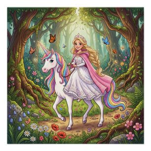 Cartoon Princess Riding on the Unicorn Poster