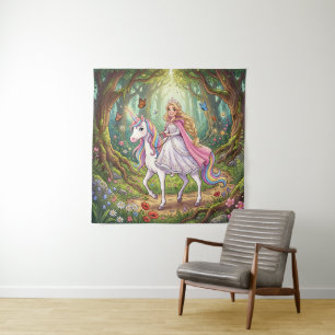 Cartoon Princess Riding on the Unicorn Tapestry