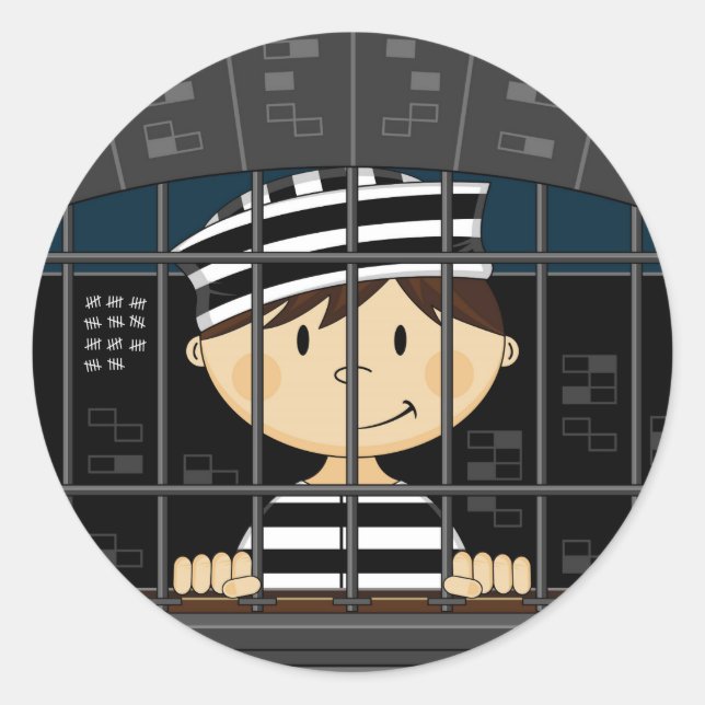 Cartoon Prisoner in Jail Cell Classic Round Sticker (Front)