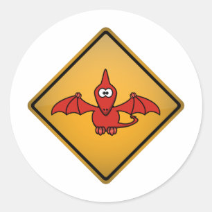 Cartoon Pterodactyl Warning Sign Classic Round Sticker