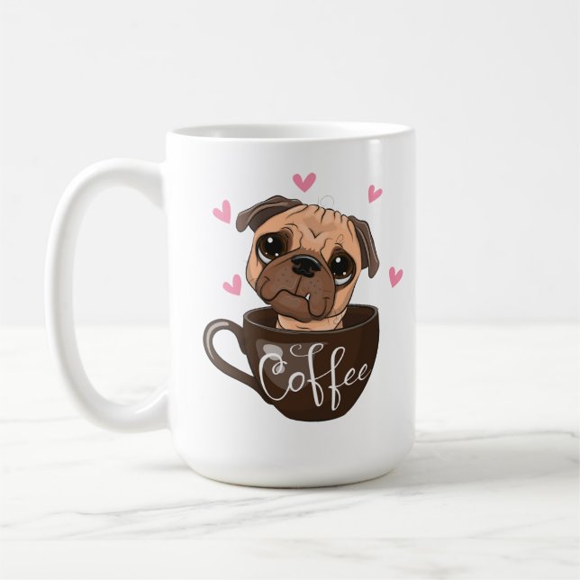 Cartoon pug dog is sitting in a cup coffee (Left)