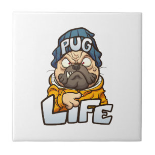 cartoon pug dog with angry face wearing a beanie a ceramic tile