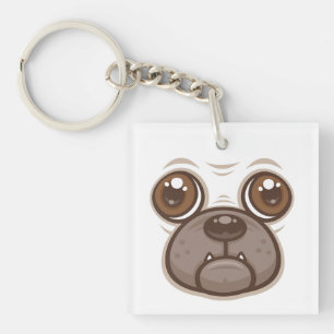 Cartoon Pug Mug Puppy Dog Face Key Ring