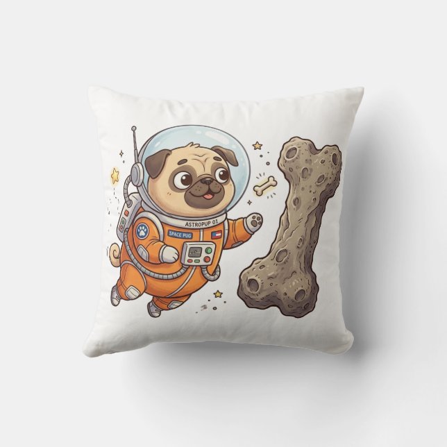 Cartoon Pug Wearing a Helmet Throw Pillow (Back)