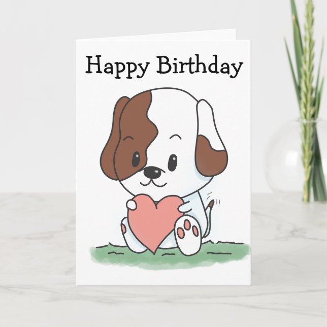 Cartoon Puppy Dog With A Heart Birthday Card (Front)
