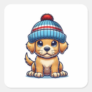 Cartoon Puppy Wearing Beanie Hat Square Sticker