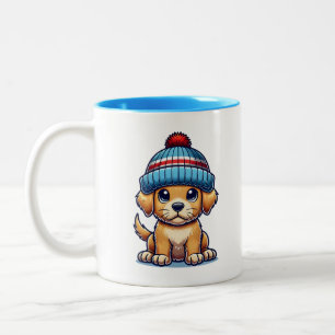 Cartoon Puppy Wearing Beanie Hat Two-Tone Coffee Mug