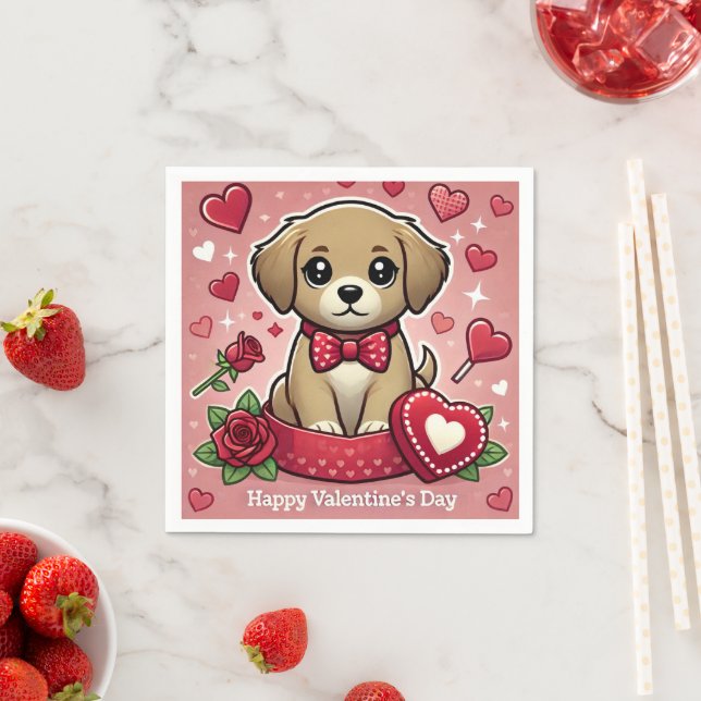 Cartoon Puppy with Valentine's Day Hearts Napkin (Insitu)