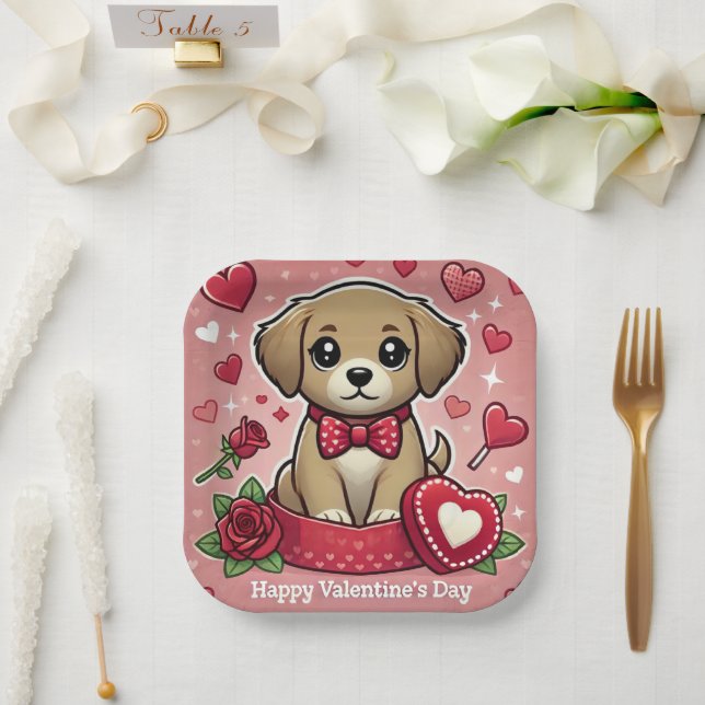 Cartoon Puppy with Valentine's Day Hearts Paper Plate (Wedding)