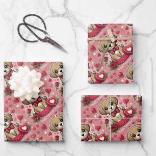 Cartoon Puppy with Valentine's Day Hearts Wrapping Paper Sheet