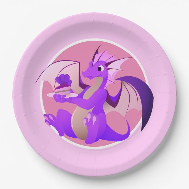 Cartoon Purple Dragon with Cake Pink Paper Plates (Front)