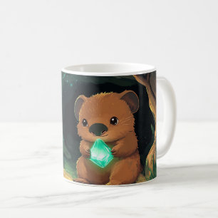cartoon quokka holding a glowing green crystal in  coffee mug