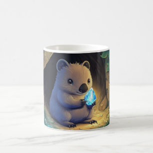cartoon quokka holding a glowing green crystal in coffee mug
