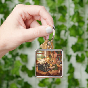 Cartoon Rabbit Typing in a Retro Typewriter Key Ring