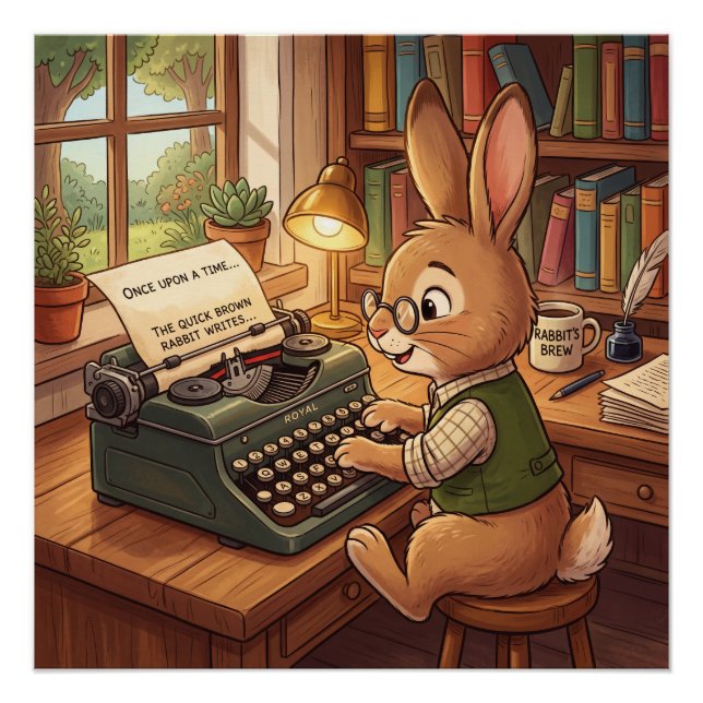 Cartoon Rabbit Typing in a Retro Typewriter Poster (Front)