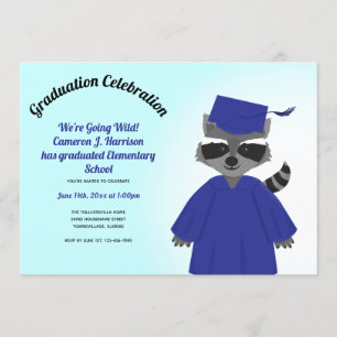 Cartoon Racoon Blue Cap Gown Kid Graduation Invitation